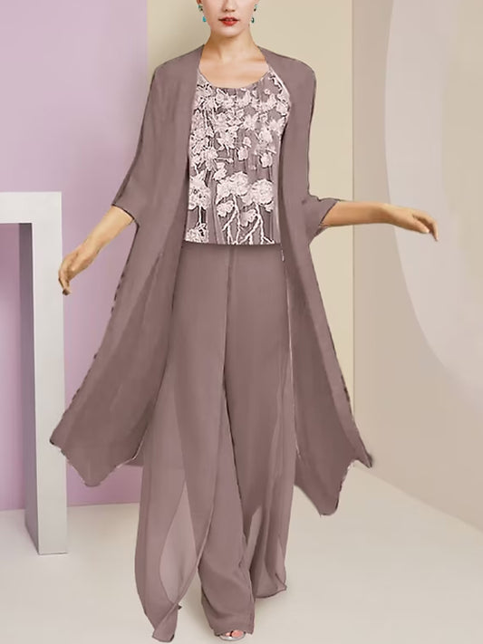 Round Neck Chiffon Lace Sleeveless Vest Solid Color Top Trousers Three-Piece Suit