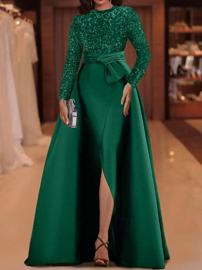 Jewel Collar Satin Glitter Appliques Gown