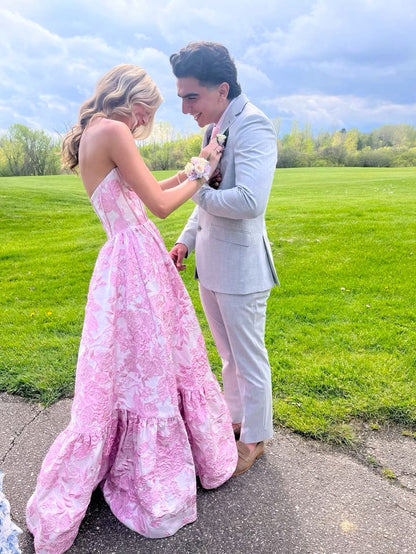 Pink Sweet Heart Neck Beautiful Floral Long Satin Ball Gown Evening Dress Party Dress gh3298