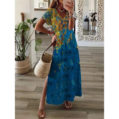 loveedsTM- Vintage Print Maxi Dress Women 2024 Summer Elegant V Neck Short Sleeve Loose Split Casual Dress Female Party Boho Beach Vestidos