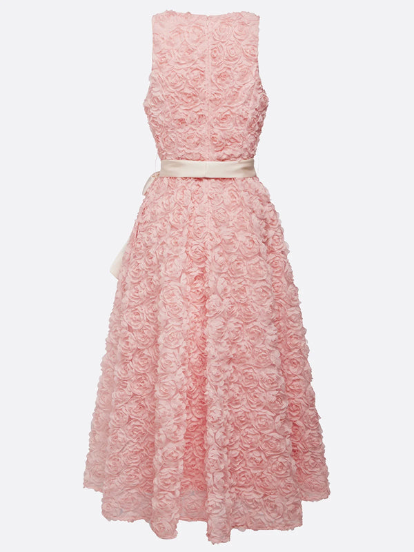 Round Neck Three-dimensional Flower Solid Color Midi Dress