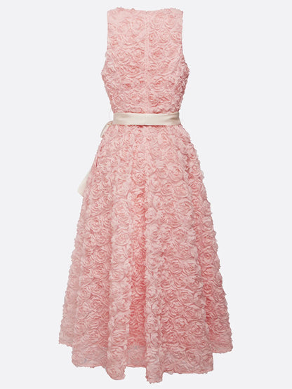 Round Neck Three-dimensional Flower Solid Color Midi Dress