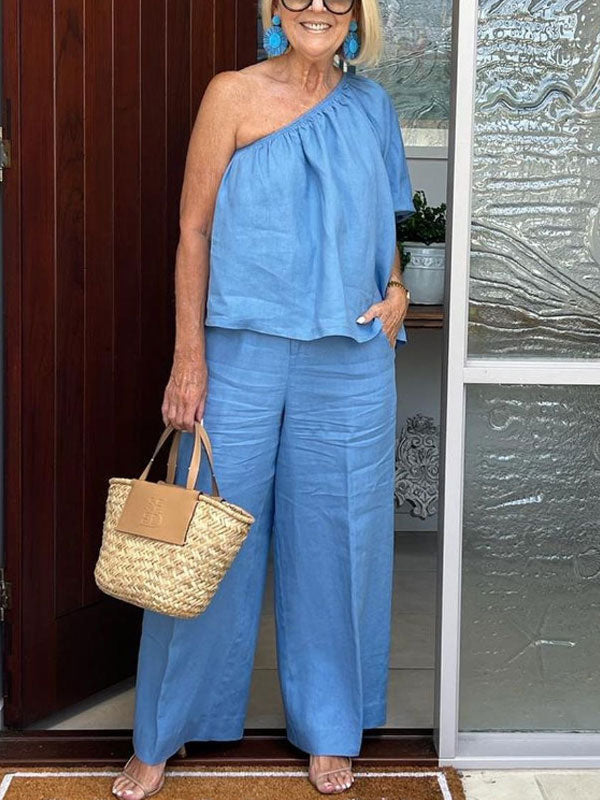 One Shoulder Cotton Linen Ladies Suits