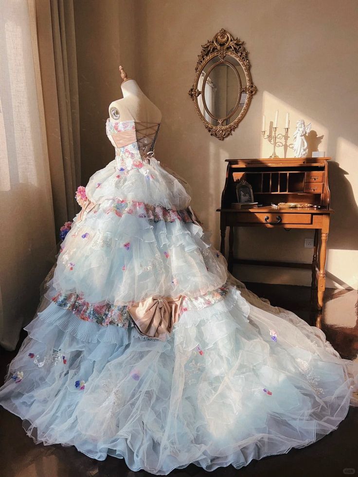 Romantic Hydrangea Flower Sweetheart Neck Ball Gown Layered Blue Organza Prom Dress Birthday Dress SH3634
