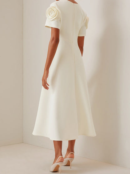 Off-White 3D Floral Short Sleeve V Neck A-Line Maxi Dress