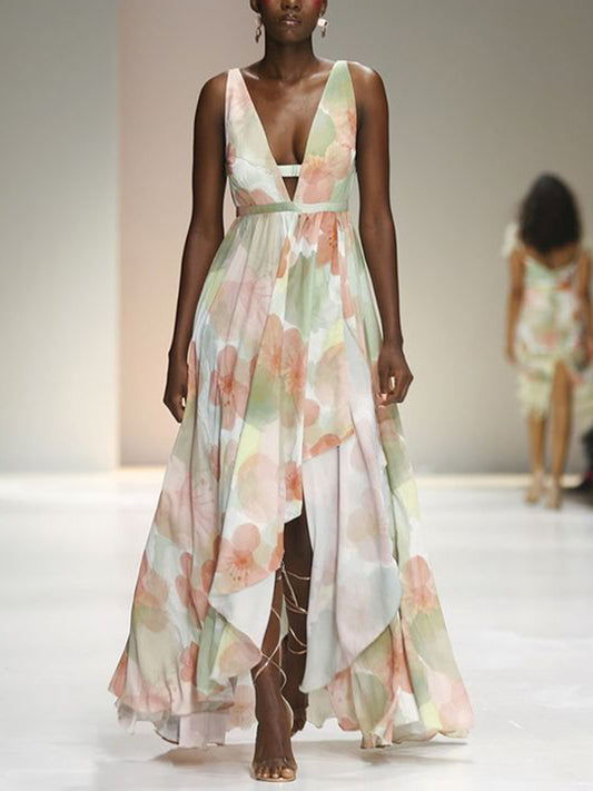 Light Green V-neck Print Maxi Dress