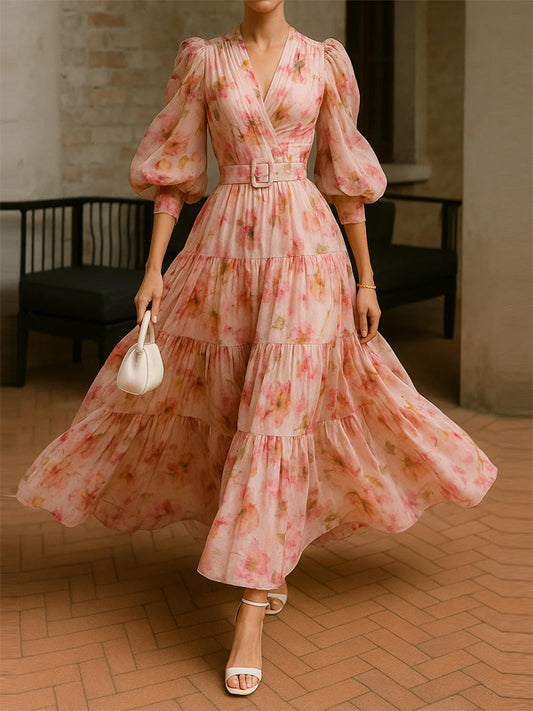 Elegant Floral V Neck Maxi Dress