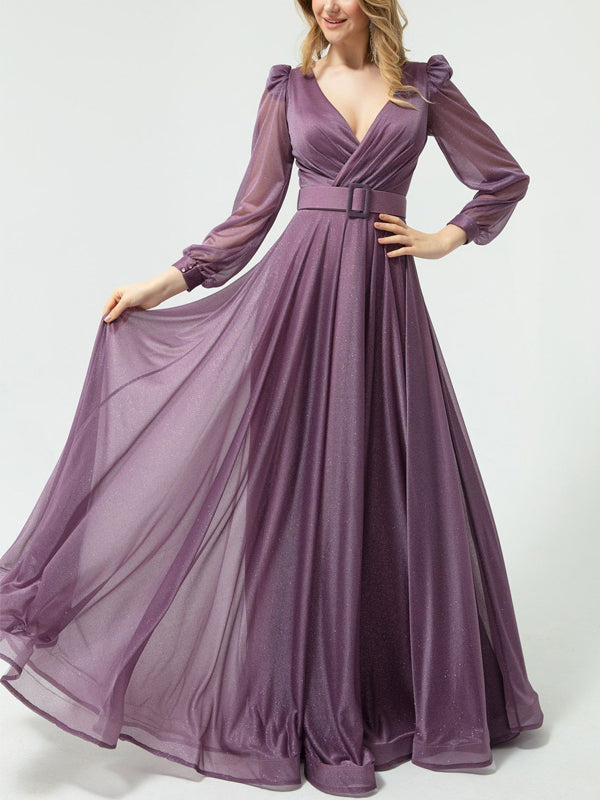 V-neck Long Sleeve Solid Color Maxi Dress
