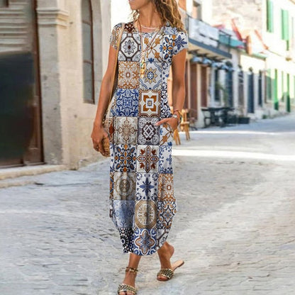 loveedsTM - Elegant Women Maxi Dress 2024 Summer O Neck Short Sleeve Sundress Office Lady Party Dress Female Print A-Line Long Dress Vestido