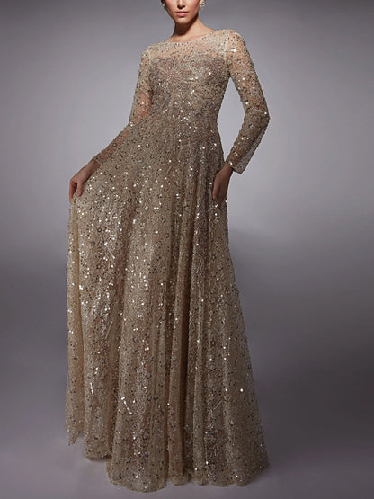 Round Neck Long Sleeve Sequin Solid Color Maxi Dress