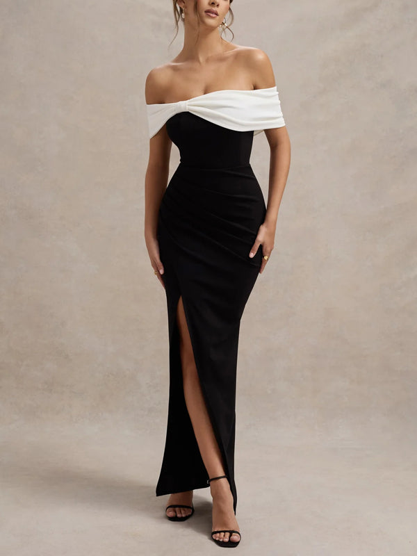 One Shoulder Color Matching Temperament Slit Women's Dress