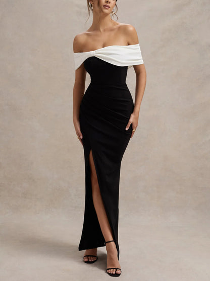 One Shoulder Color Matching Temperament Slit Women's Dress