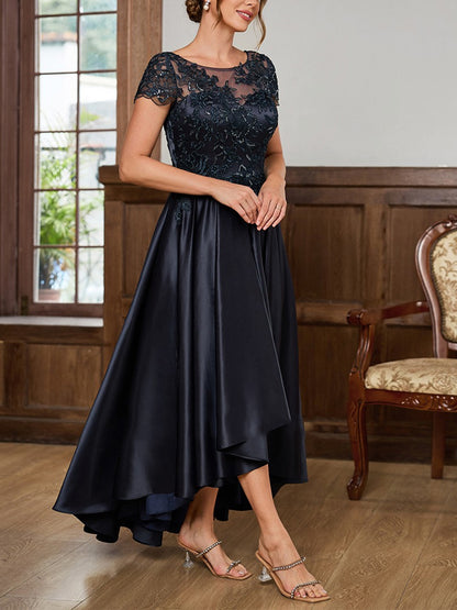 Round Neck Lace Solid Color Midi Dress