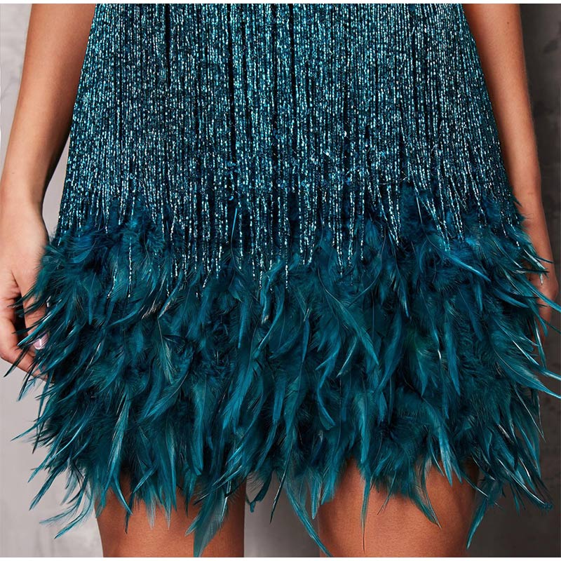 loveedsTM-Sequins Tassel Feather Spaghetti Strap Dress Women Fashion Sexy Stitching Mini Dresses Ladies Evening Party Club Elegant Dress