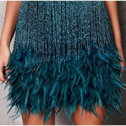 loveedsTM-Sequins Tassel Feather Spaghetti Strap Dress Women Fashion Sexy Stitching Mini Dresses Ladies Evening Party Club Elegant Dress