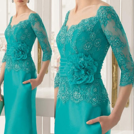 loveedsTM-Gorgeous Teal Lace Mother of the Bride Dresses With Off Shoulder Three Quarter Sleeves Wedding Guest Gowns V Neck Full Length