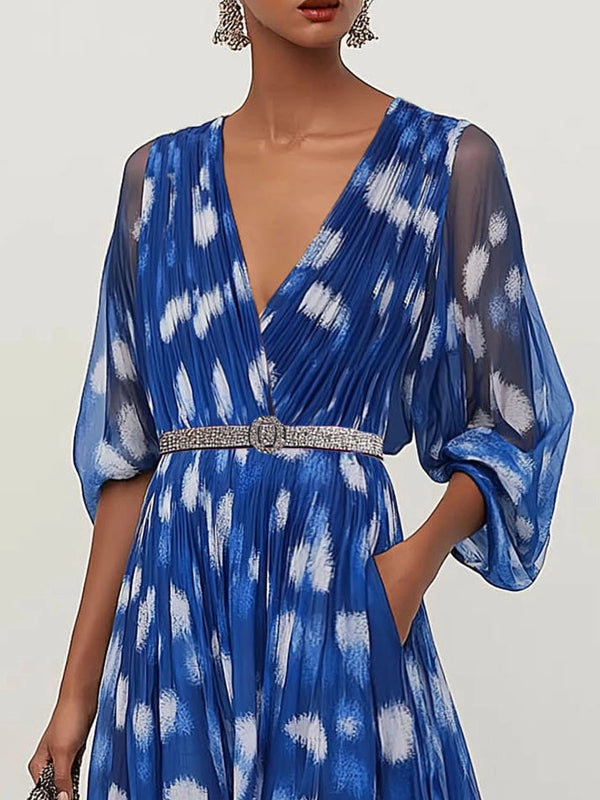 Party Casual Dress Blue V-neck White Floral Rhinestone Belt Pockets Maxi Dress