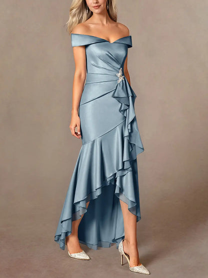 Dusty Blue Mermaid Off the Shoulder Stretch Satin Dress