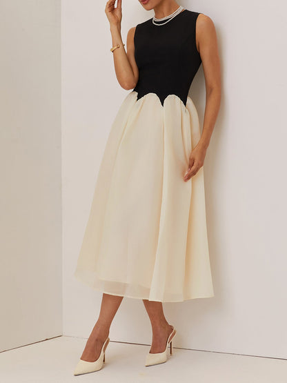 Split Joint Classic Crew Neck Sleeveless A-Line Midi Dress