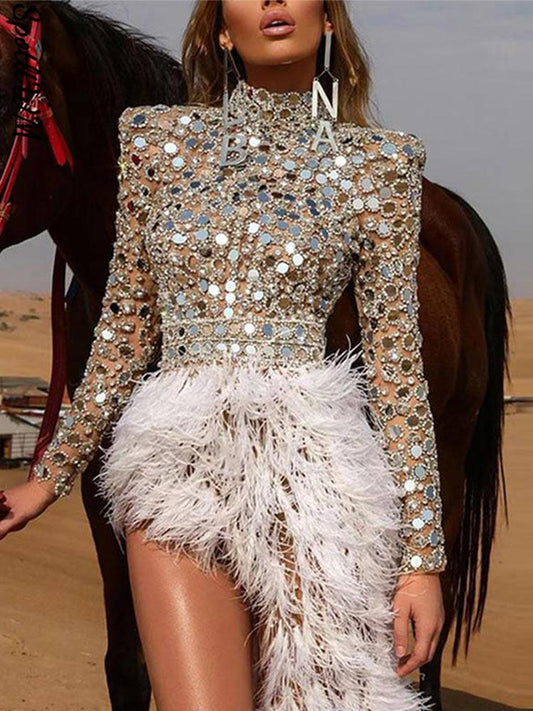 loveedsTM- Fashion Sequined See-through Feather Irregular Hem Evening Dress