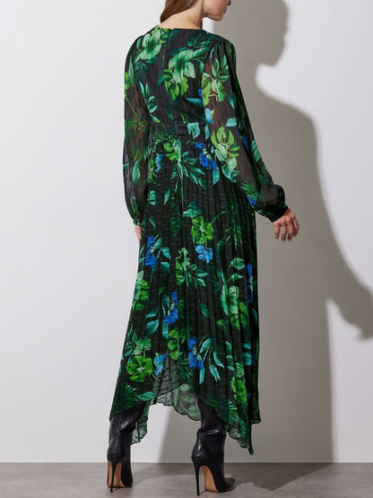 Green Pleated Floral Leaf Dress