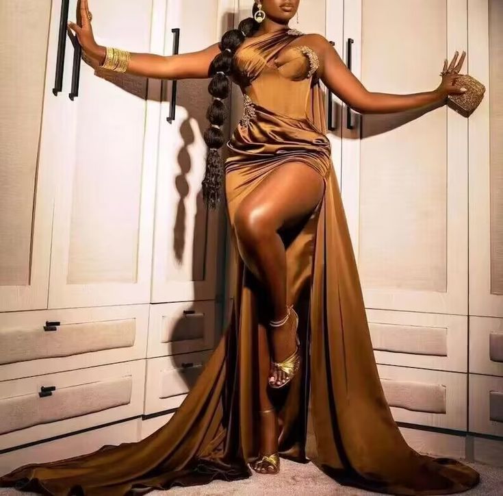 Brown fashion elegant sexy one shoulder long beaded slit mermaid ball gown evening dress party dress with ruffles gh718