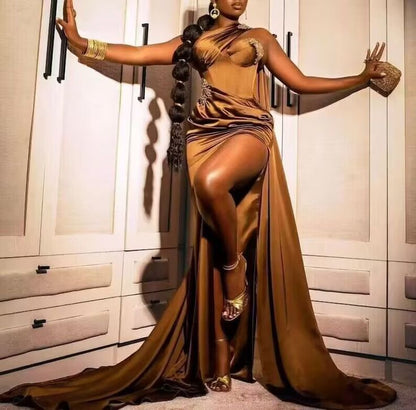 Brown fashion elegant sexy one shoulder long beaded slit mermaid ball gown evening dress party dress with ruffles gh718