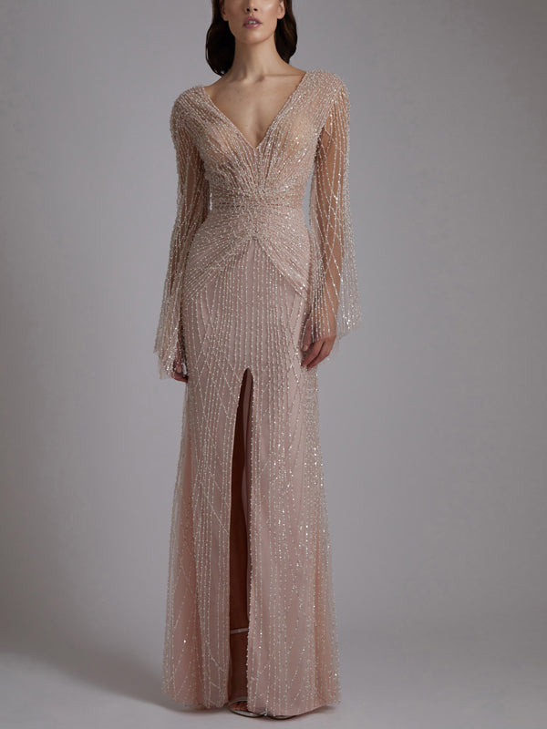 V-neck Long Sleeves Sequin Solid Color Maxi Dress