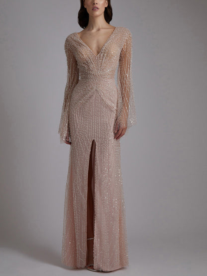 V-neck Long Sleeves Sequin Solid Color Maxi Dress