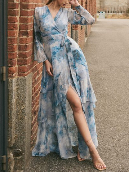 Blue V-neck Print Maxi Dress
