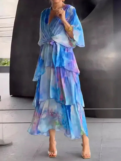 Flower Printed Gradient Ruffled Half Sleeves Maxi Dress