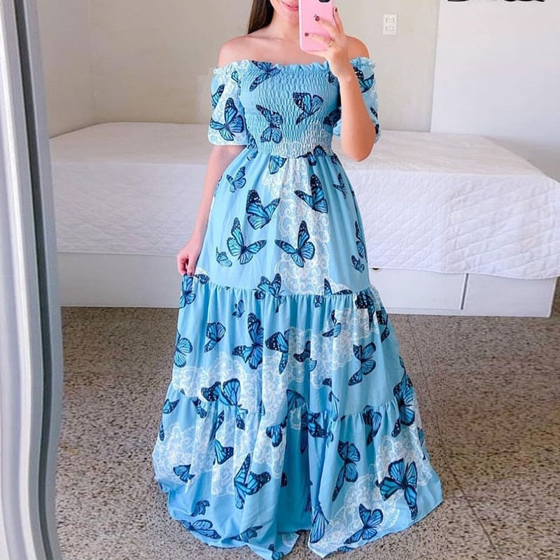 loveedsTM-Sexy Off The Shoulder Tube Top Dress Butterfly Rainbow Floral Print Dress Ladies Elegant Slim Summer Bohemian Party Maxi Dresses