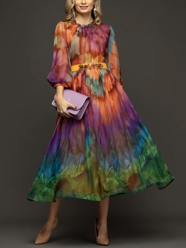 Crew Neck Printed Chiffon Midi Dress