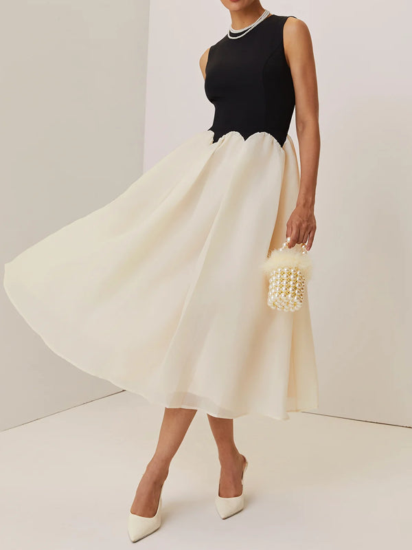 Split Joint Classic Crew Neck Sleeveless A-Line Midi Dress