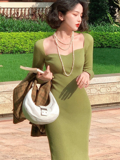 loveedsTM- Elegant Vintage Knitted Dress Women Autumn Korean Style Evening Party Midi Dress Ladies Bodycon Casual Sexy Designer Dress