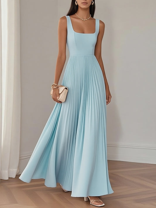 Light Blue Pleated Square Neck Sleeveless A-Line Maxi Dress