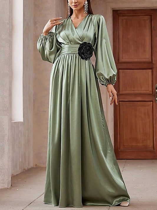 Satin Waist Floral Elegant Women's Dress