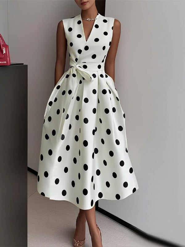 V-neck Polka Dot Sleeveless Midi Dress