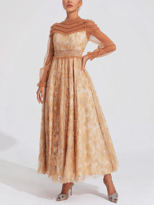 Mesh Lace Solid Color Long Sleeves Maxi Dress