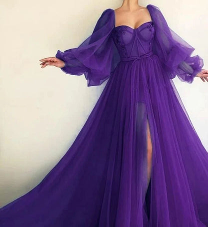 Purple puff sleeves long sleeves long ball gown evening dress gh1075