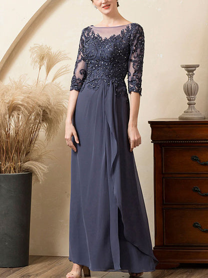 Grey Blue Sparkly Beaded Chiffon Mother of the Bride Dress