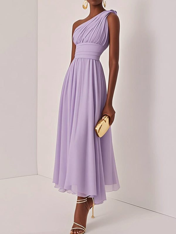 Ruched Chiffon One Shoulder Sleeveless A-Line Maxi Dress