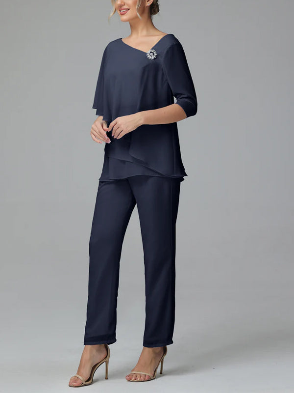 Half Sleeve Chiffon Mother of the Bride Dress Pants Suit