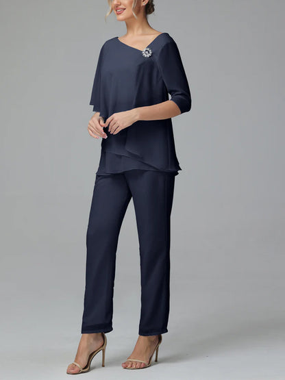 Half Sleeve Chiffon Mother of the Bride Dress Pants Suit