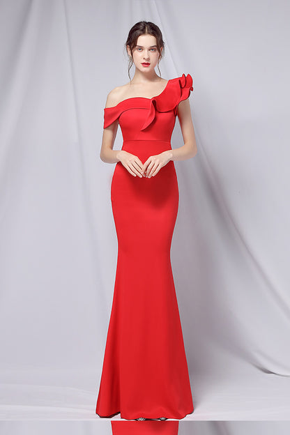 loveedsTM-Solid color one shoulder banquet evening dress