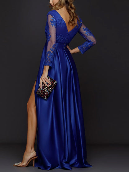 V-neck Lace Solid Color Maxi Dress