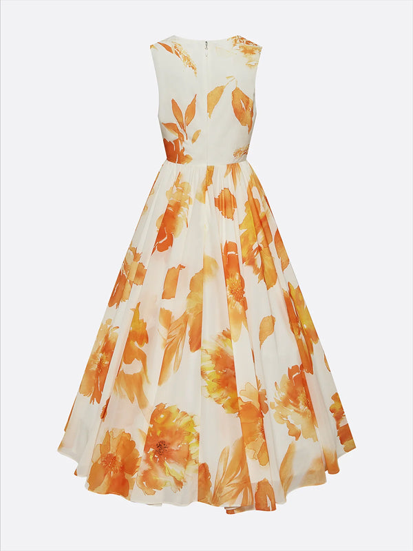 Yellow Printing Chiffon V Neck Sleeveless A-Line Maxi Dress