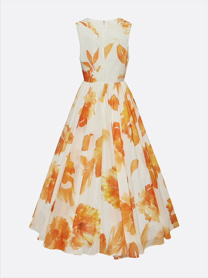 Yellow Printing Chiffon V Neck Sleeveless A-Line Maxi Dress