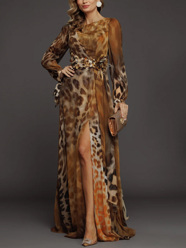 Round Neck Chiffon Print Maxi Dress