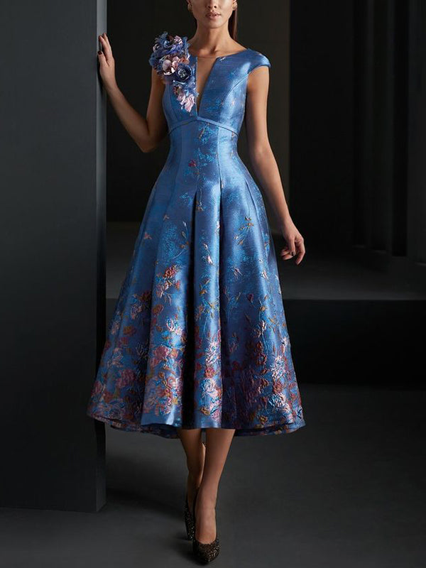 Round Neck With Colorful Flower Print Midi Dress